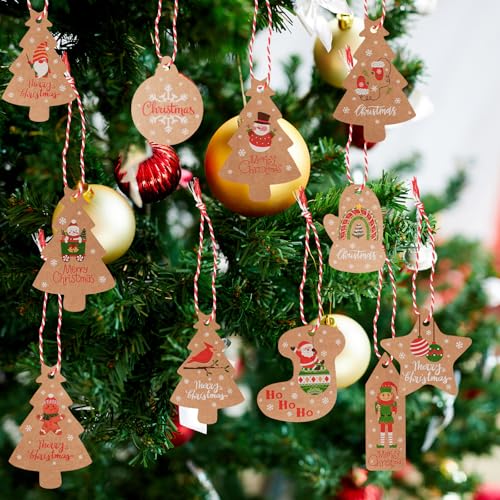 FRUHLING 100 Stück Geschenkanhänger Weihnachten Weihnachtsanhänger Kraftpapier Geschenk Etiketten Weihnachtsbaumanhänger mit Jute Schnur für Weihnachten Geschenke DIY Bastel