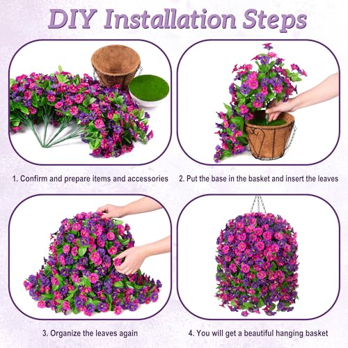Image of Ammyoo Artificial Fake Hanging Flowers Basket for Spring Summer Decor | Faux Silk Flower in Planter for Summer, Outdoor Artificial Floral for Home Porch Yard(Purple-red Deep Purple)