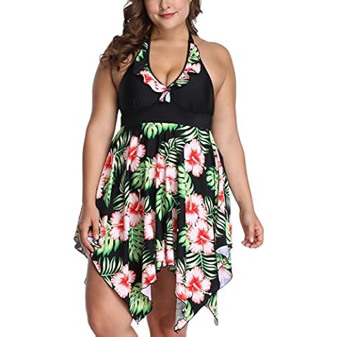 SEBOWEL Women Plus Size 4X Print Halter Two Piece Tankini Set Swimdress Beachwear Green Cover