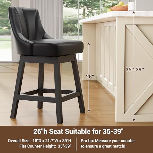 Image of YaFiti Swivel Bar Stool 1 Pcs, 26 Inch Counter Height Bar Stools with Backs, Modern PU Leather Extra Upholstered Barstools with Square Solid Wood Legs for Kitchen Island, Dining Room, Black