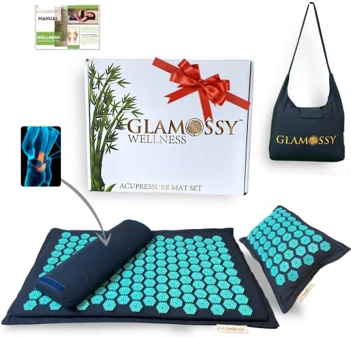 Glamossy Acupressure Mat and Pillow Set - Limited Edition - Stress Relief Mat + Lumbar Pillow for Lower Back Pain Relief - Comes in a Beautiful Box + Free Bag (Turquoise)