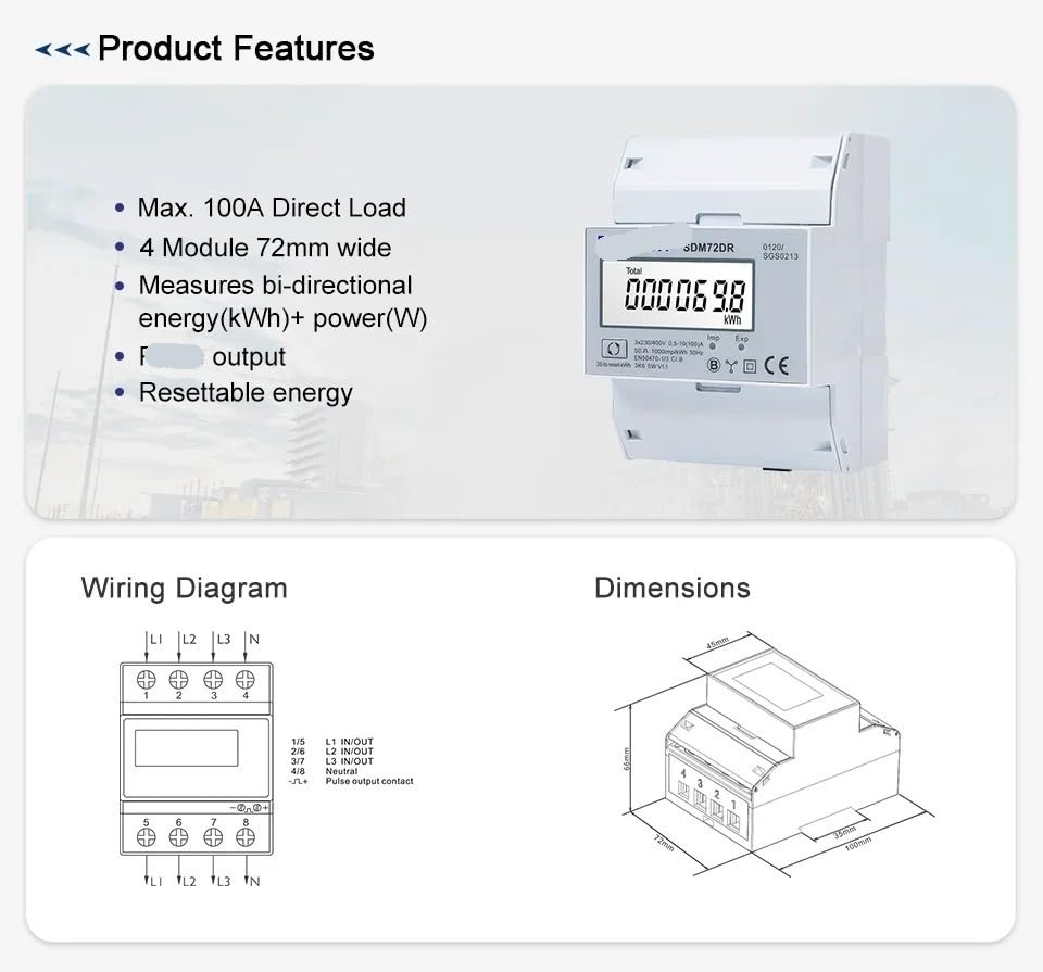 SDM72DR, MID,3 Phase 4 Wire Energy Meter,Reset Function; Total Energy Partial Energy Total Power, Output 10(100) A, 220/230V