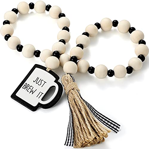 Jetec Coffee Bar Decor Wood Bead Garland with Tassel Coffee Bar Try Decor Accessories, Table, Shelf, Rustic Farmhouse Home