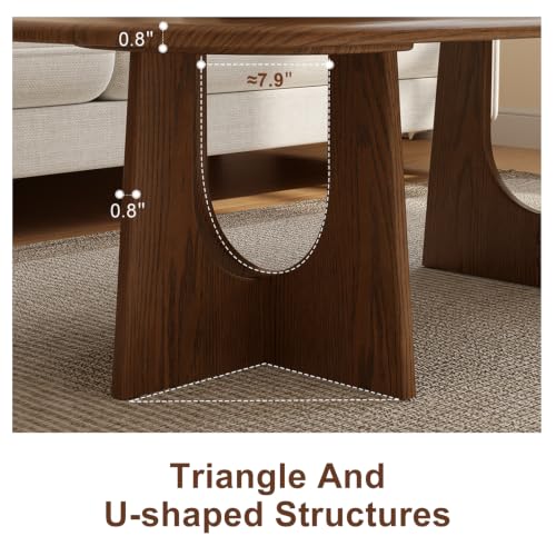 Image of Solid Wood Coffee Table, Mid-Century Modern Center Table for Living Room, FAS Grade Rubberwood with Unique U-Shaped Legs, Family-Friendly Rounded Corners,Deep Walnut, 47 inchs
