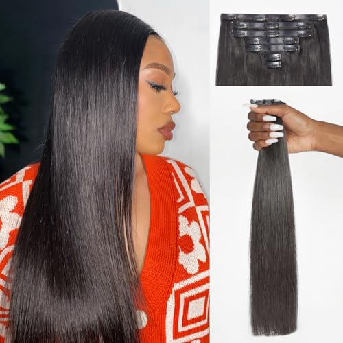 LUVME Clip in Hair Extensions Natural Black Human Hair Extensions Clip ins Silky Straight Hair Extension Real Human 7pcs 135g 28inch