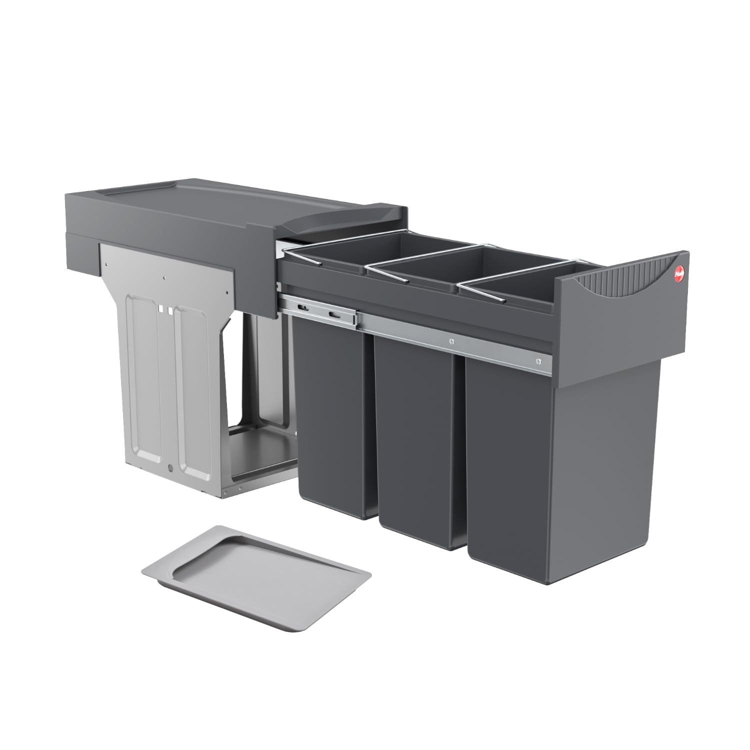 Hailo Abfallsammler Tandem 3666132 | für Schränke ab 300 mm Breite | Einbau Mülleimer 3x 10L mit Biodeckel | Vollauszug auf Teleskopschienen | Anthrazit