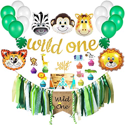 Lonar Wild One First Birthday Party Supplies, Wild One Gold Glitter Banner, Wild One Highchair Banner, Animal Head Balloons, Kids 1st Birthday Party Decorations with Animals Cupcake Topper.