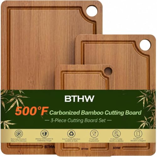Bamboo Cutting Board for Kitchen – 3-Piece Wooden Boards with Juice Grooves, Side Handles, Non-Slip Mats – Perfect for Meat, Veggies, Fruit – Ideal Kitchen Gift