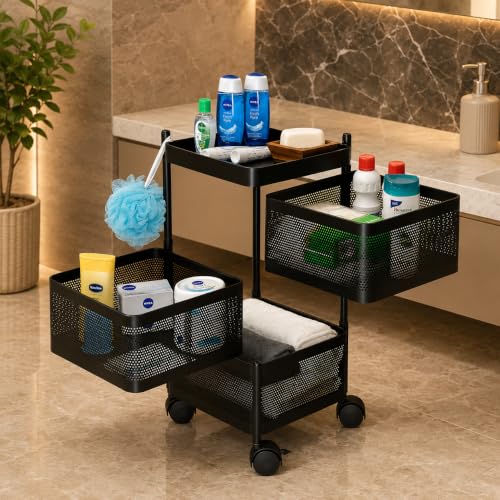 Image of MARKWELL Square Kitchen Trolley with Wheels | Vegetable Onion Storage Rack for Kitchen | Multipurpose Organizer Stand with Basket | Black (Layer 3)