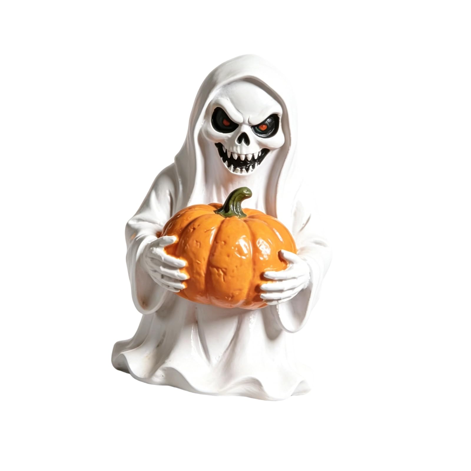 Halloween Compact Tabletop Accent Figurine, White Resin Pumpkin Shelf Ornament with Hooded Figure for Entryway, Mantel, and Indoor Use Pumpkin Ghosty Statue Halloween Figurine Resin Tabletop Accent
