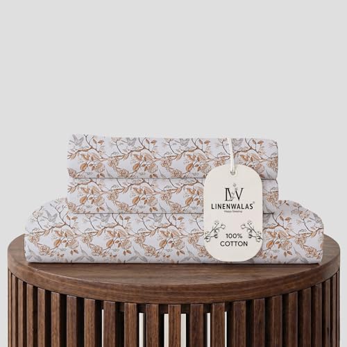 Image of LINENWALAS 100% Cotton Flat Bed Sheet for King Size Bed | Super Soft, Breathable, OEKO-TEX Certified 300 TC | Premium Hotel Class Floral Bedsheet with 2 Pillow Cover (108x108 Inches, Whispering Wings)