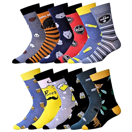 JAMES FIALLO Dress Socks for Men, Casual Colorful Fun Novelty Fashion Patterned Super Soft and Breathable Socks,12 Pairs (Brewery Bear Hugs), M9001-T1 Size 6-12