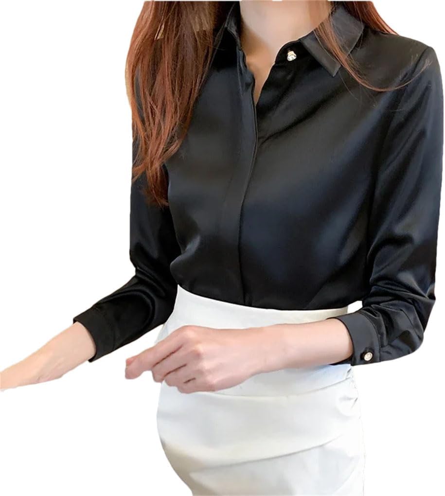 Women's Long Sleeve Simple Shirt Solid Color Versatile Chiffon Tops Blouse