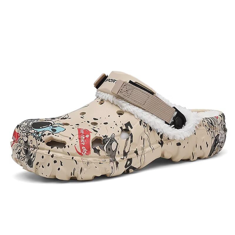 Image of Men's Printed Fuzzy Lined Clogs Winter Slip On Shoes | Warm Plush Lined Clog Shoes with Graphic Design, Lightweight Closed Toe Casual Footwear for Indoor Outdoor Wear