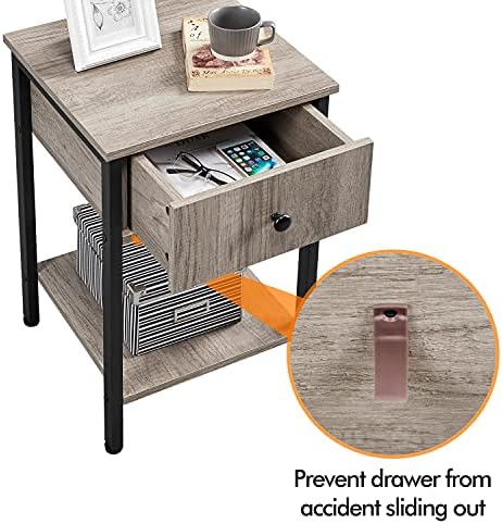Yaheetech Bedside Table, Wooden Sofa Side Table with Metal Frame, End Table with Storage Drawer, Bedside Cabinet Nightstand for Living Room/Bedroom,40 x 40 x 61cm,Gray