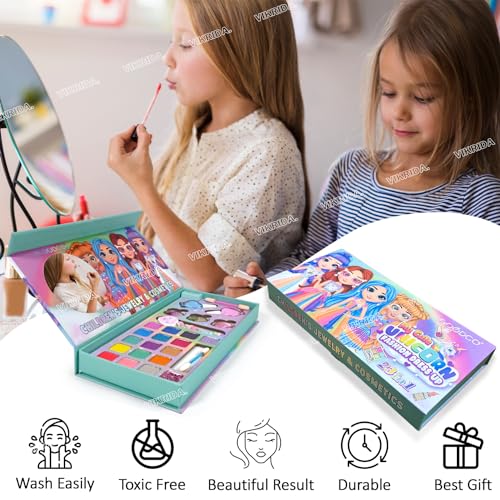 Image of VikriDA Kids Washable Makeup Kit, Fold Out Makeup Palette with Mirror, Make Up Toy Cosmetic Kit Gifts for Girls - Safety Tested- Non Toxic