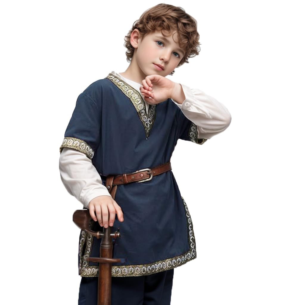 CAMDOM Boys Renaissance Viking Pirate V Neck Shirt Medieval Knight Costume Tops Navy Blue