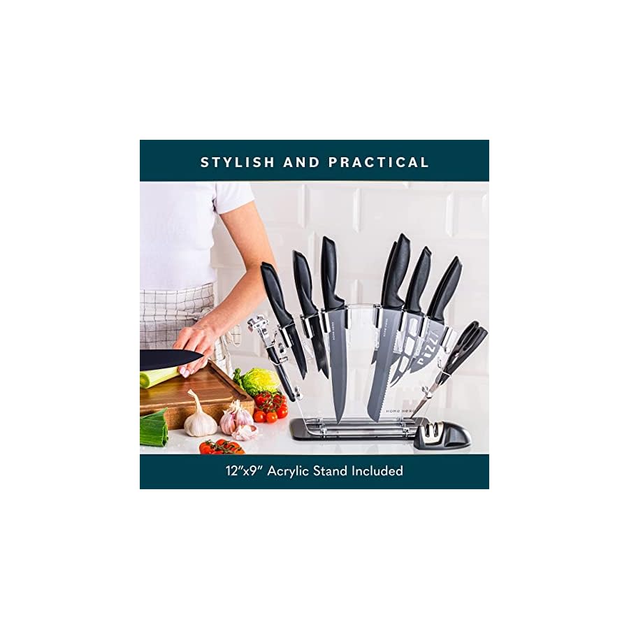 Home-Hero-17-pcs-Kitchen-Knife-Set-7-Stainless-Steel-Knives-6-Serrated-Steak-Knives-Scissors-Peeler-Knife-Sharpener-with-Acrylic-Stand-Black-Stainless-Steel Home Hero Kitchen Knife Set with Sharpener - High Carbon Stainless Steel Knife Block Set with Ergonomic Handles (20 Pcs - Black)