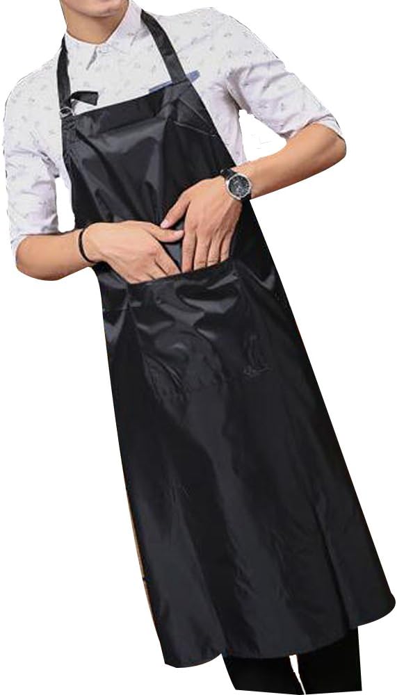 KAIER Adjustable Bib Apron with Pocket, Vinyl Cooking Kitchen Aprons for Men and Women, Waterproof，Extra Long (BlackA)