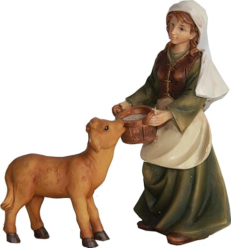 FADEDA 2 figuras de belén campesina con ternero/altura: 7 cm/pintadas a mano/detalladas figuras de belén - decoración de mesa de Navidad cuna accesorios