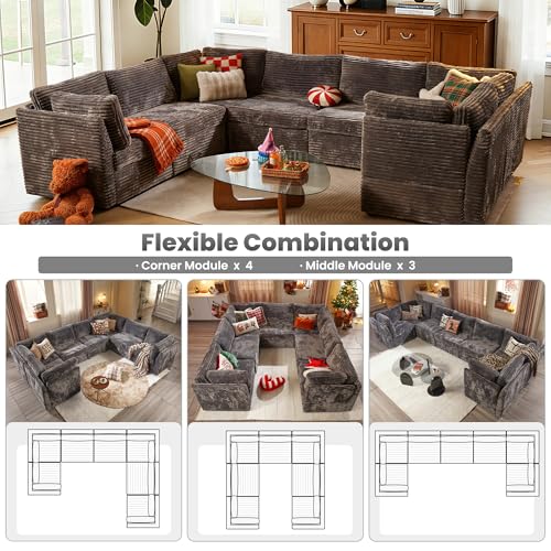 Image of ovios Modular Sectional Sofa Couch with U-Shape Chaise Oversized, Comfy Plush Corduroy Cloud Couches, Modern Luxury Deep Seat Sofas Set for Living Room, 7-Seater, Grey
