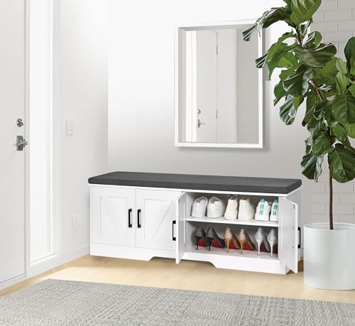 Image of HOMSHO Farmhouse Shoe Storage Bench with 4 Barn Doors & Padded Seat Cushion | 47.2 inch Wide Entryway Bench with Adjustable Shelves & Hidden Storage, White
