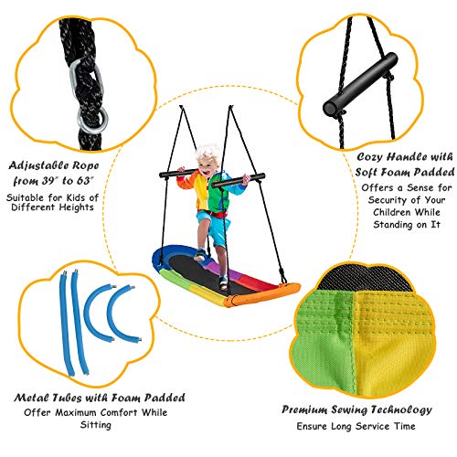 Image of Costzon Saucer Tree Swing, Height Adjustable Platform Swing with Soft Padded Edge, Handles, Hanging Ropes for Kids Adults Indoors Outdoors