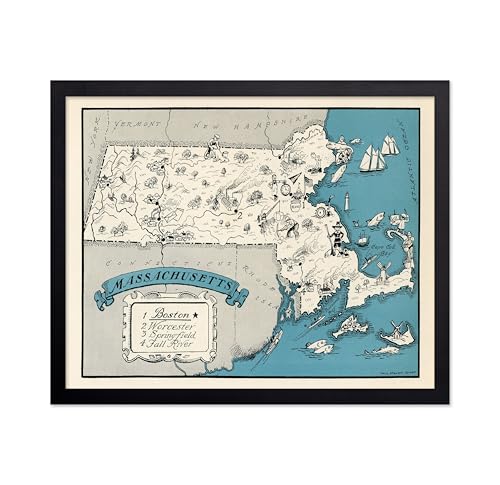 Poster Master Vintage Map Poster - Retro Massachusetts Map Print - Massachusetts State Map Art - Gift for Teacher, Student, Travel Lover - Decor for Classroom, Office, Dorm, 16x20 Black Framed