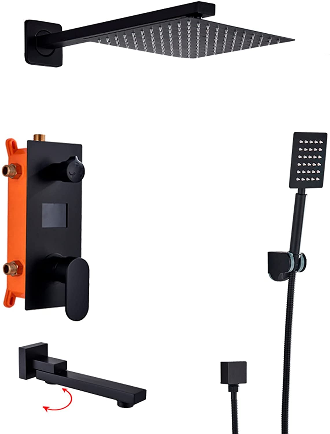 SnamicE Concealed Shower System Digital Display Shower Faucet Set Matt Black Shower Mixer Set with Brass Hand Shower and Waterfall Rainfall Shower Head Advanced Air Techn,8 Inch