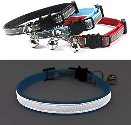 KUDES 3 PCS Breakaway Cat Leather Collars, Reflective Safety Buckle Kitten Collar with Bell for Cat Kitty and Small Animals, Adjustable from 7.5in-12.5in (3 Colors)