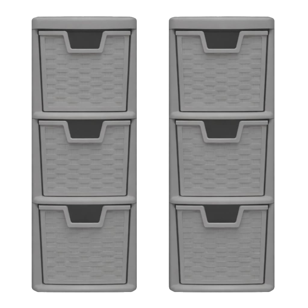 Muddy Hands Grey Set Of 2 Small Plastic Rattan Effect 3 Drawer Storage Units – Desktop & Tabletop Organiser For Home Office, Bathroom & Bedroom – Compact Mini Storage Tower (Grey)