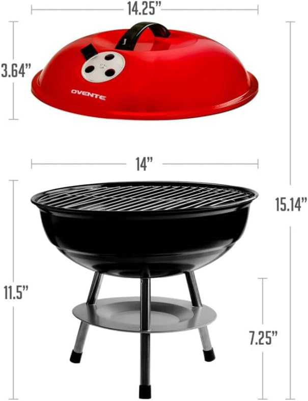 Miniatura 3 de OVENTE Parrilla de carbón para barbacoa de 14 pulgadas con sistema de ventilación doble para asar o fumar al aire libre, parrilla portátil perfecta