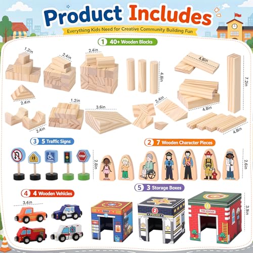Atoylink Kids Building Blocks for Toddlers 1-3, 108Pcs Wooden Stacking Toys with Community Helpers & Magnetic Wooden Cars Signals, Baby Nesting Boxes Preschool Learning Toys for Boys Girls Gift - Image 2