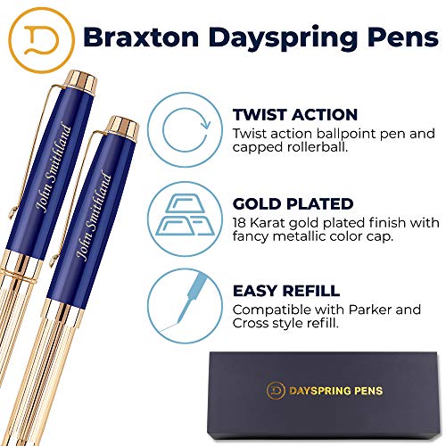 Dayspring Pens Personalized Braxton Ballpoint And Rollerball Pen Set - Blue. Real 18Krt Gold Plated Gift Set For A Man Or Women, Custom Engraving Is Included. Comes In Pen Case #TOP3