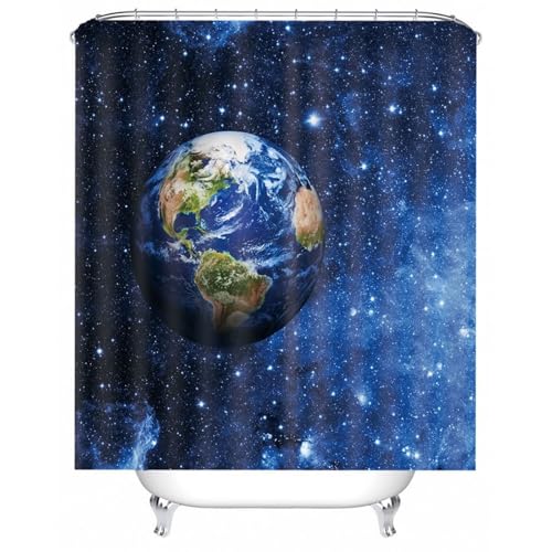 Rideau de douche tissu polyester imperméable bleu lavable avec anneaux - 2