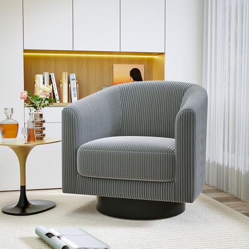 IdeaKey Swivel Accent Chairs, 360 Degree Bucket Chair, Modern Upholstered Barrel Armchair, Comfy Corduroy Single Sofa for Living Room Bedroom, Grey