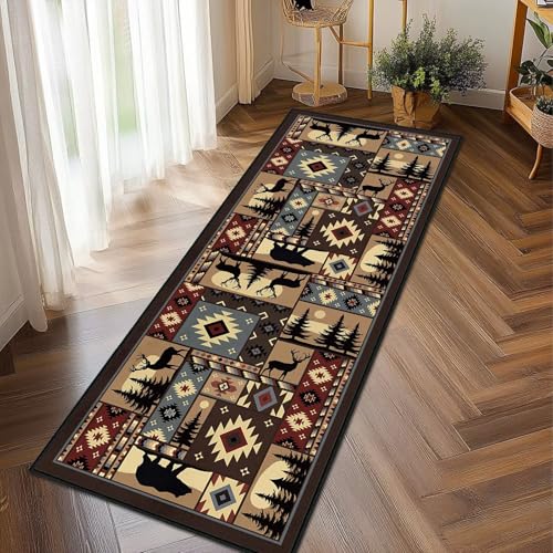 Cabin Wildlife Runner Rug 2x6,Buffalo Plaid Bear Moose Deer Country,Vintage Throw Carpet Washable Kitchen Runners Rustic Hallway Rugs Entrance Door Mat Non Slip Accent Area Rugs for Entryway,Laundry