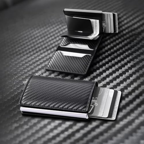 Slim Carbon Fiber Card Holder RFID Blocking Credit Card Wallet Black Business Cards Case Holder for Men,Black+Silver Frame