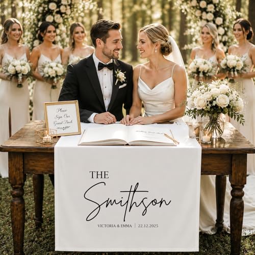 Image of Custom Wedding Table Sign, Personalized Fabric Wedding Banner Table Decor | Mr & Mrs Canvas Sweetheart Table Decor, Wedding Sign for Table, Wedding Welcome Sign, Customized Table Runner with Name