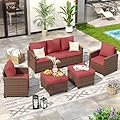 VONZOY Patio Furniture Set, 5 Pieces Outdoor Sectional Sofa Couch with Chairs, Ottomans and Thick Cushions, All Weather Wicker Rattan Patio Conversation Set Wine Red