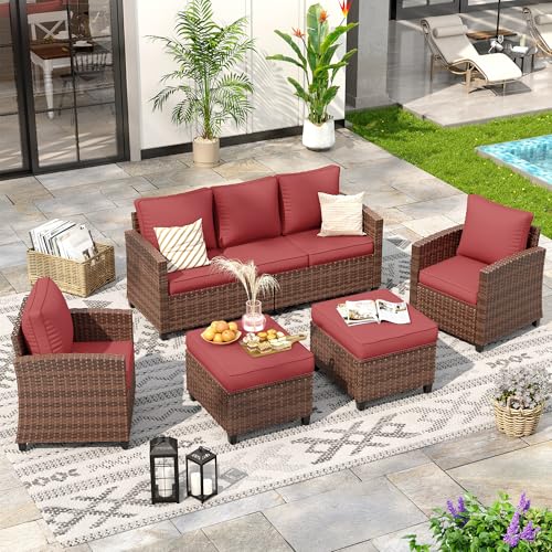 Patio Furniture Set 5 Pieces Outdoor Sectional Sofa Couch with Chairs Ottomans and Thick Cushions All Weather Wicker Rattan Patio Conversation Set Wine Red