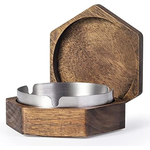 Cute Ashtrays for Cigarettes Outdoor Hexagonal Ash Tray with Stainless Steel Liner Easy to Clean Windproof Wooden Ashtray with Lid for Home,Office,Indoor,Parties(Gray) Cover