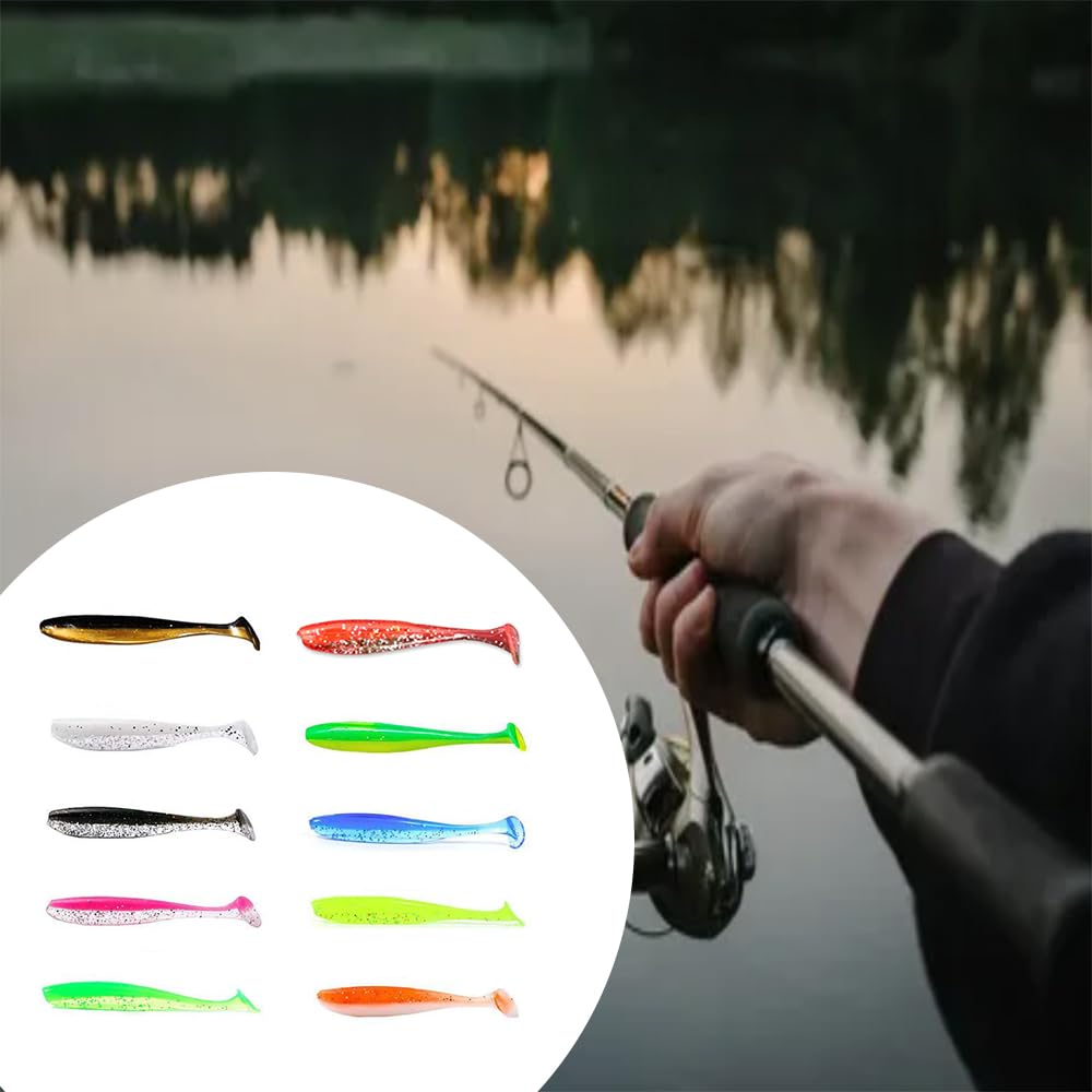 Zestaw 50 sztuk gumowych ryb, przynęt wędkarskich, sandaczy, 7,5 cm, wbudowane odblaskowe cekiny, na okonie, sandacze, pstrągi, 10 kolorów do okonia, sandacza, pstrągów