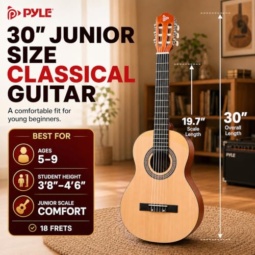 Image of Pyle 30-Inch Beginner Acoustic Guitar Kit, 1 /4 Size Junior Classical Nylon String Guitar for Kids and Adults, Includes Gig Bag, Strap, Spare Strings, Picks, Cleaning Cloth, Natural Ash, Gloss