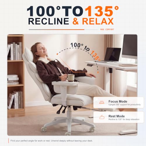 Image of Dowinx Big and Tall Office Chair with Pocket Spring Cushion,High Back Computer Gaming Chairs with Adjustable Armrests and Lumbar Support,Executive Desk Chairs with Footrest,PU -White