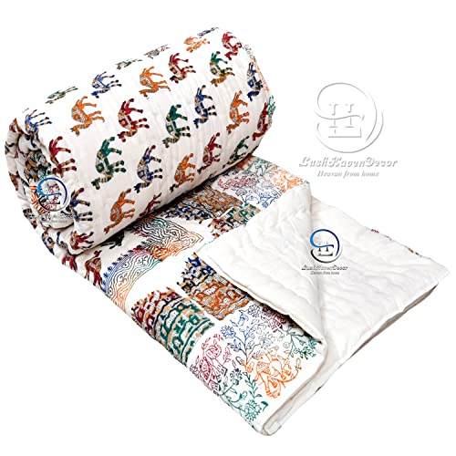 Image of 380 GSM Hand Block and Screen Small Camal and Heritage Haw Mahal Print Winter Cotton Double Bed Quilt Jaipuri Razai - King Size Red Multicolor, Rajai 90X105 Inch