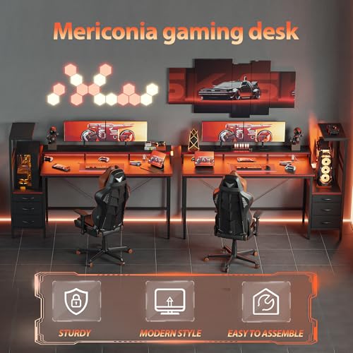 Image of Mericonia 52 inch Gaming Desk with Drawers, Reversible Computer Desk, Black | Gamer Desk with LED Lights, Power Outlets & Monitor Stand, Large Office Table for Home Bedroom Study Work Writing