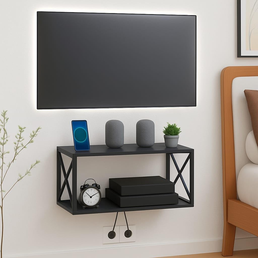 Floating TV Stand Wall Mount Media Console, 2-Tier Black Metal Shelf, Modern Entertainment Center with X-Frame Design-image-10