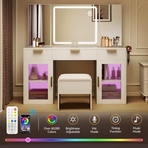 Image of DWVO 56 inch Vanity Table Set with Tri-Fold Mirror & LED Lights, Makeup Vanity Desk with RGB Glass Cabinets