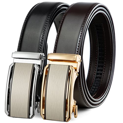 Image of 2 Pack Ratchet Belt 1 3 /8 inch, Mens leather Dress Belt in Gift Set Size 28 inch-62 inch Adjustable waist Trim to Fit